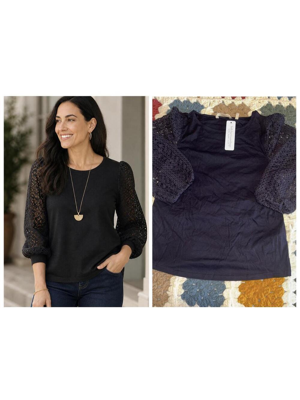Soft Surroundings NEW $90 Womans S Leila Pullover Lace Sleeve Long Sleeve Top